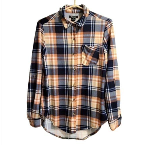 Tattoo Cottagecore Plaid Button Down Shirt Flannel Long Sleeve Orange Blue Small - Picture 2 of 7